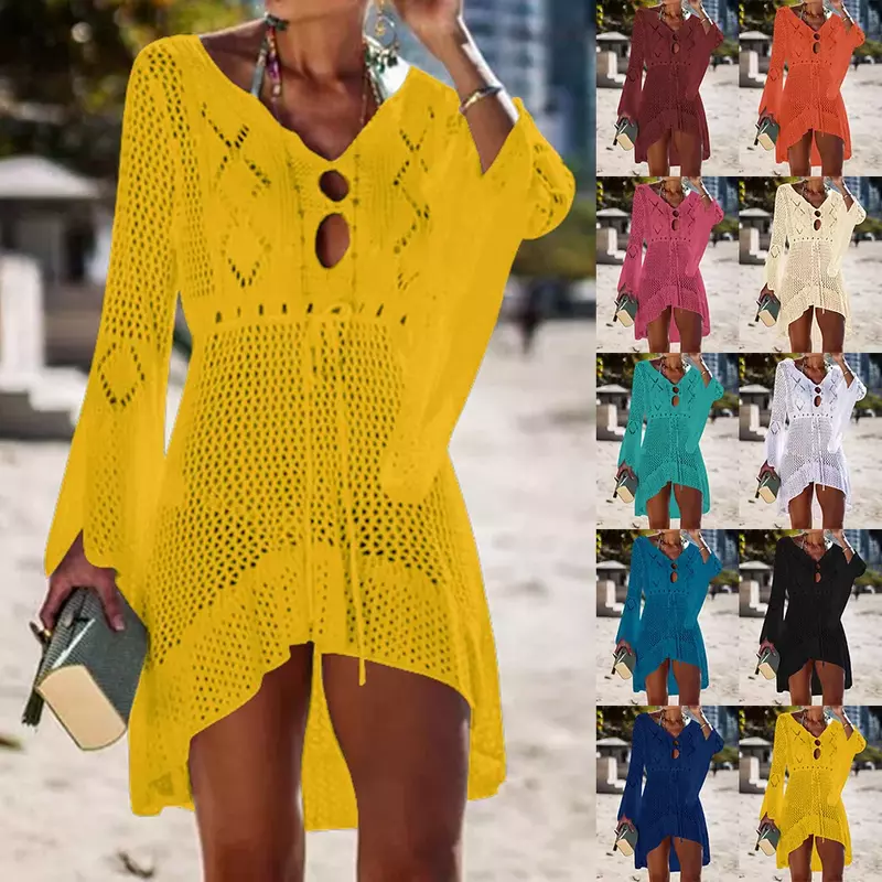 2021 okrycie plażowe szydełkowa dzianinowa odzież plażowa z frędzlami tunika długi Pareos strój kąpielowy na lato Cover Up seksowna przezroczysta sukienka plażowa