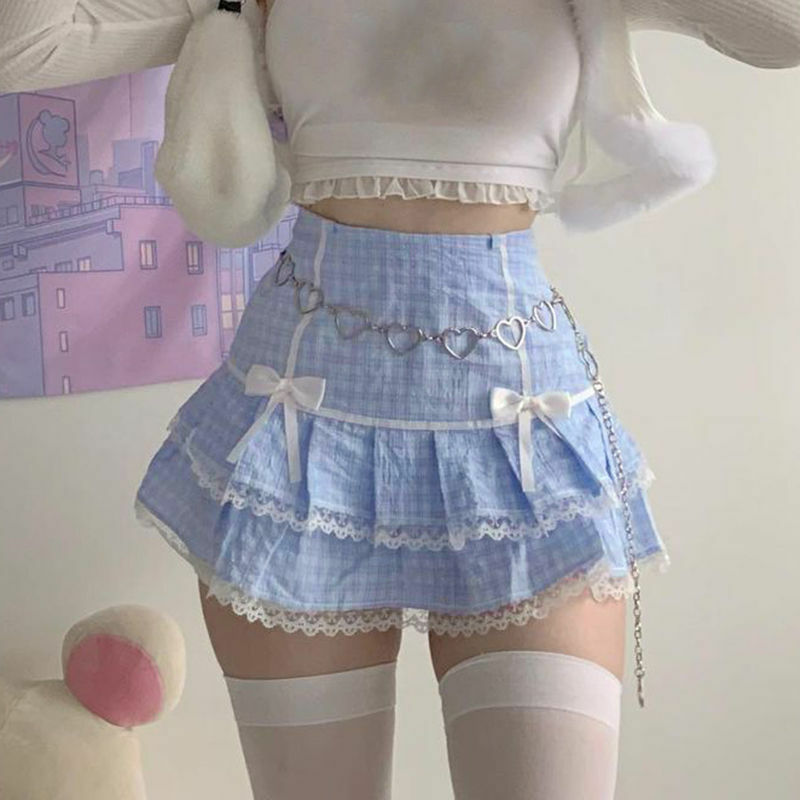 Kawaii Blue Plaid Mini Skirt Women Japanese Sweet Cute Bow Lace Patchwork High Waist Double Pleated Lolita Skirt Summer