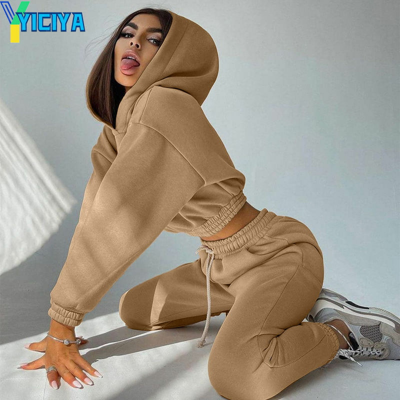 YICIYA 2022 Autumn Women Hoodies And Sweatpants Tracksuits Female Two Piece Solid Color Pullovers Jacket Lounge Wear Casual Suit