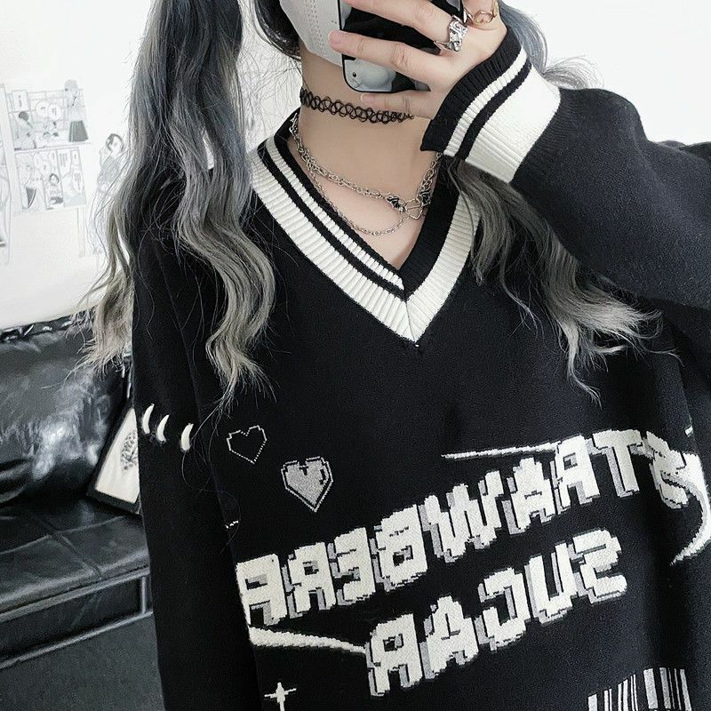 Deeptown Harajuku Zwarte Trui Vrouwen Koreaanse Streetwear Brief Print Sweatshirts V-Hals Losse Casual Tops Gothic Stijl Meisje