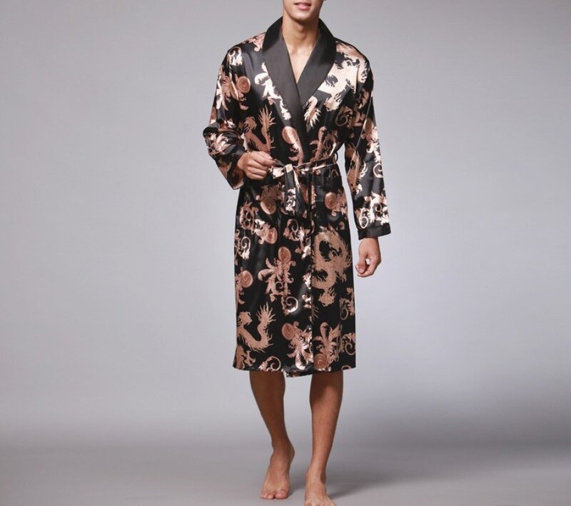 Autumn Ice Silk Men's Sleep Pajamas Robes Long Sleeved V-Neck Cardigan Printing Loose Fitting Bathrobes Home Clothes
