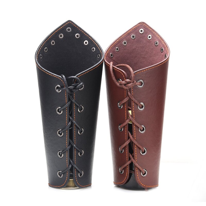 Hot PU Leather Medieval Bracers with Bandage Solid Color Punk Style Arm Guard with Rivet for Riding Cycling