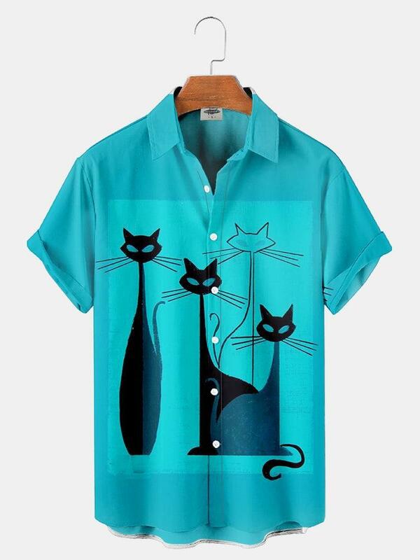 2022 Hawaiian Shirt Männer Sommer 3d Katze Gedruckt Shirts Für Männer Urlaub Kurzarm Strand Tops T Shirt Männer Übergroßen bluse
