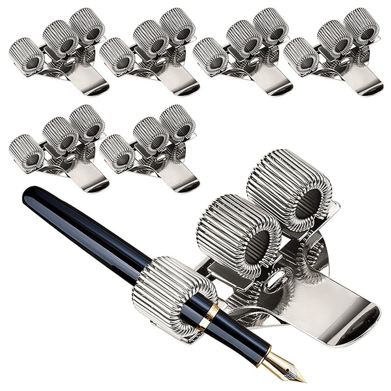 6Pcs Pen Holder Bag Stainless Steel Pen Holder Clip Silver 3 Holes Pen Holder For Notebook At Home, Office