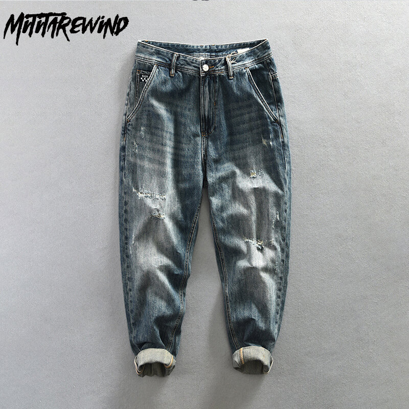 High Street Jeans desainer baru untuk pria Retro dicuci celana panjang Jeans pria lurus robek musim semi musim gugur pakaian jalanan kasual harian