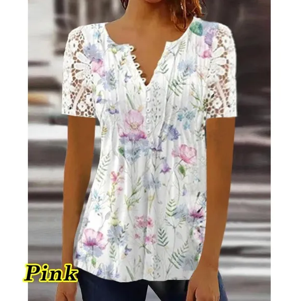 女性用半袖VネックTシャツ,3Dプリント,透かし彫り,カジュアル,ボタン付きレースステッチ服
