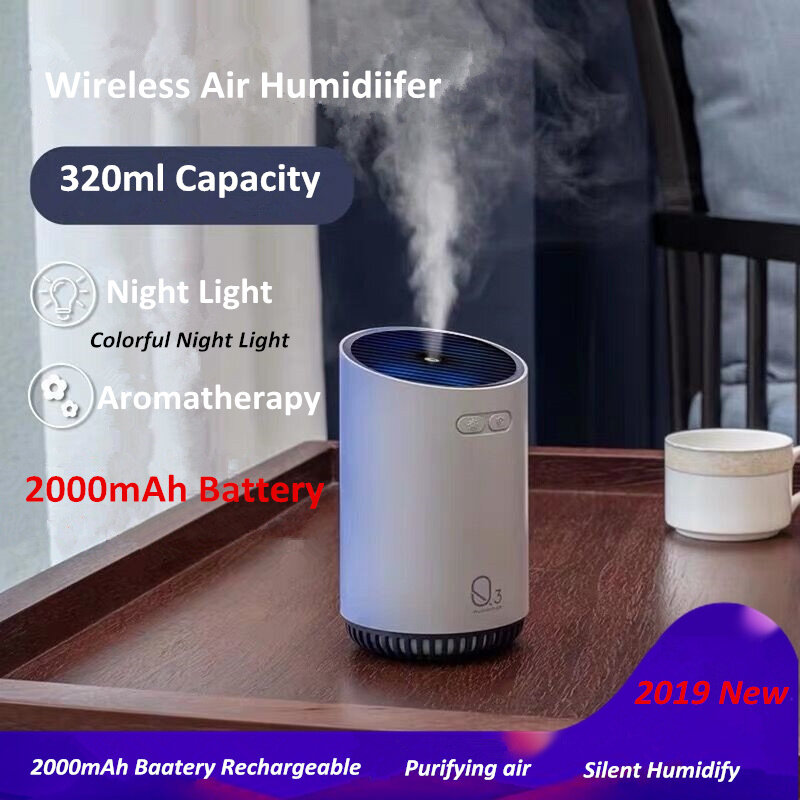 Humidificador de aire inalámbrico, difusor de aceite esencial eléctrico ultrasónico, aromaterapia, con batería de 320 mAh, 2000 ML