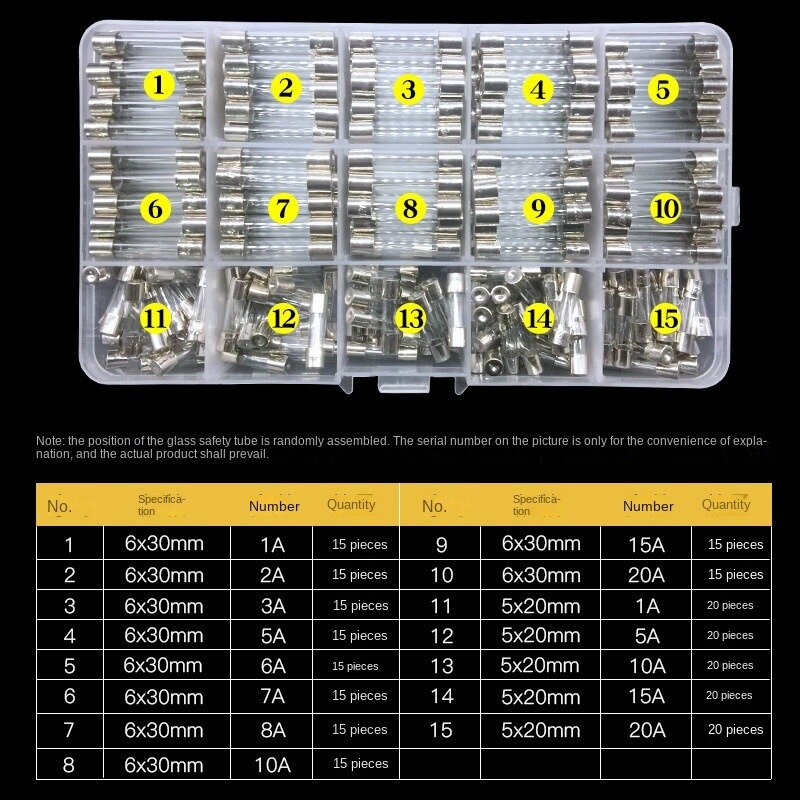 Kits de surtido de fusibles de vidrio de soplado rápido, 6x30mm, 5x20mm, 0.2A, 0.5A, 1A, 2A, 3A, 5A, 8A, 10A, 15A, 20A, 240 unids/set/set