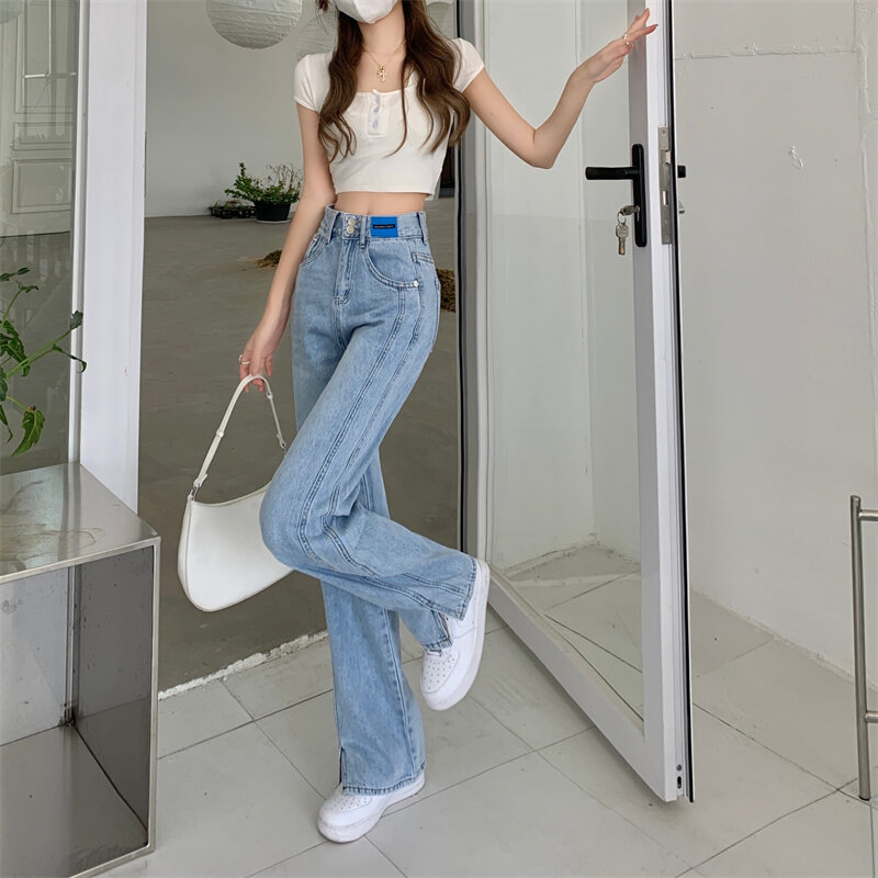 N3387 High-waisted jeans women's new slim and versatile design niche straight-leg wide-leg pants jeans