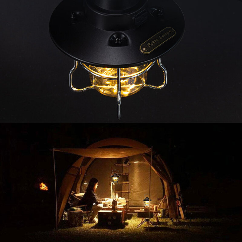 Mini Retro Camping Lantern Multifunction Portable Hanging Tent Lamp Ip65 Waterproof Type-c Charging for Night Fishing Camping
