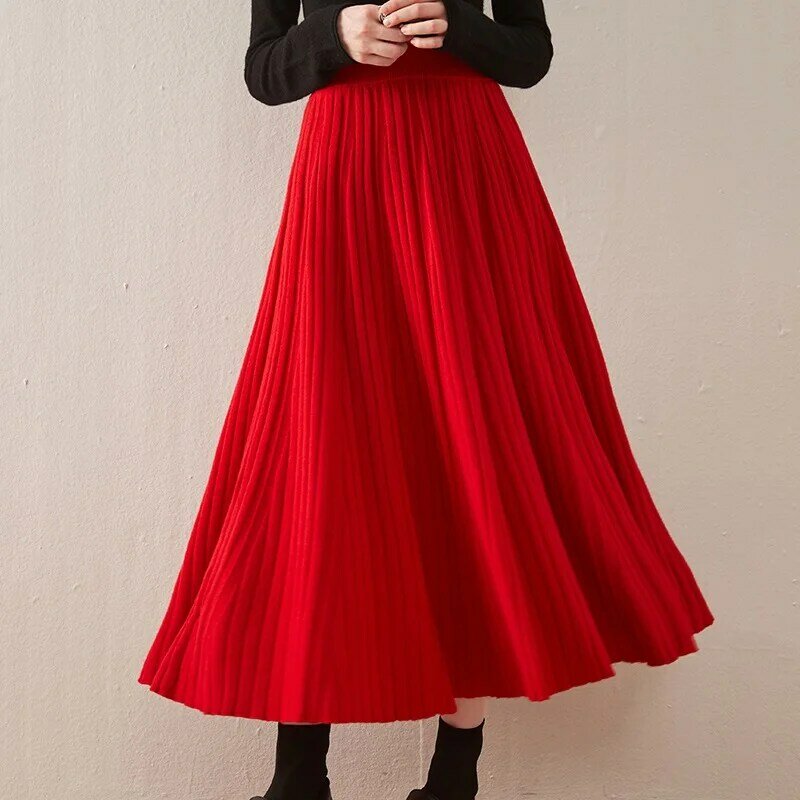 Otoño e Invierno 100% Falda plisada de punto de lana para mujer, falda de media longitud de cintura alta ajustada, falda de sombrilla de media longitud