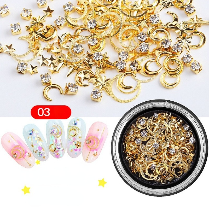 1 scatola di gioielli in lega di arte del chiodo in lega 3D oro argento serie luna decorazione di arte del chiodo intarsiato lucido strass perla vetro fascino di arte del chiodo