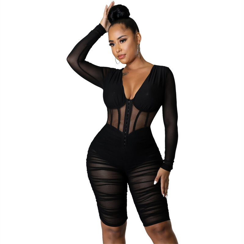 Adogirl Solid Pleated Sheer Mesh Corset Jumpsuits for Women Sexy V Neck Long Sleeve Skinny Playsuits Slim Night Club Overalls