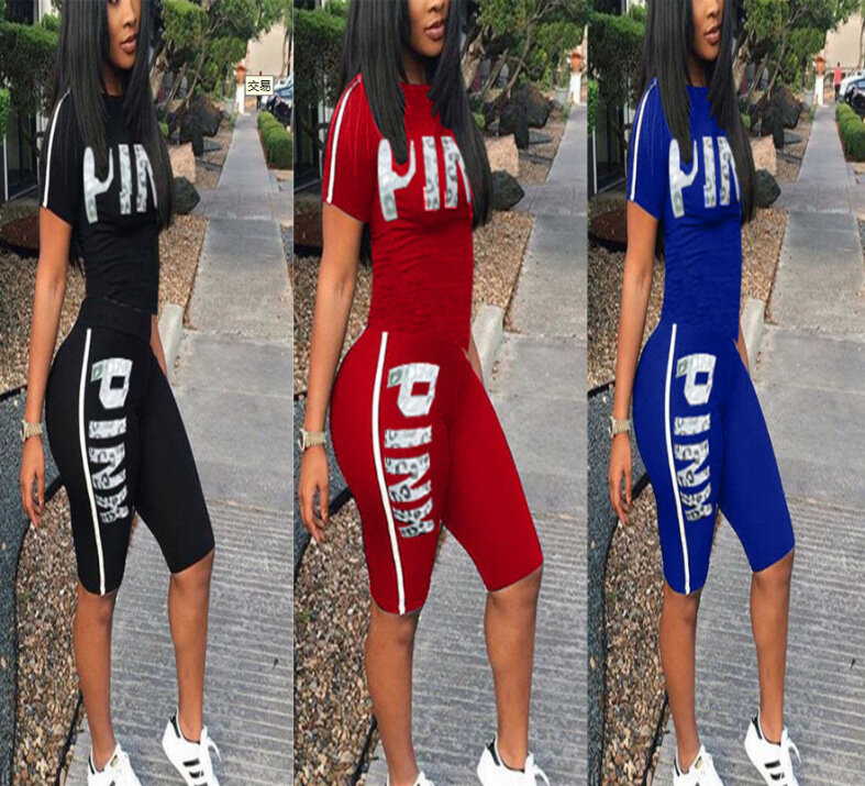 2022 new Casual Pink Letter Print Women Two Piece Set New Summer Rompers Sexy Striped T-Shirts And Skinny Pants 2pcs Outfits