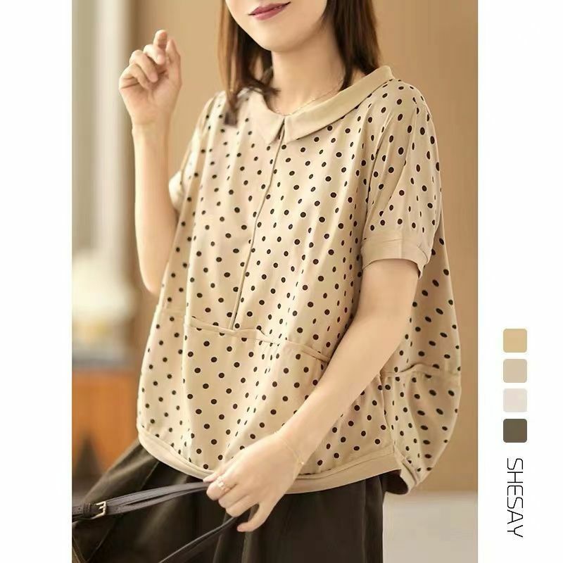 2022 Summer New Doll Collar Wave Point Short Sleeved T-shirt Korean Loose and Thin Age Reducing Casual Versatile Top