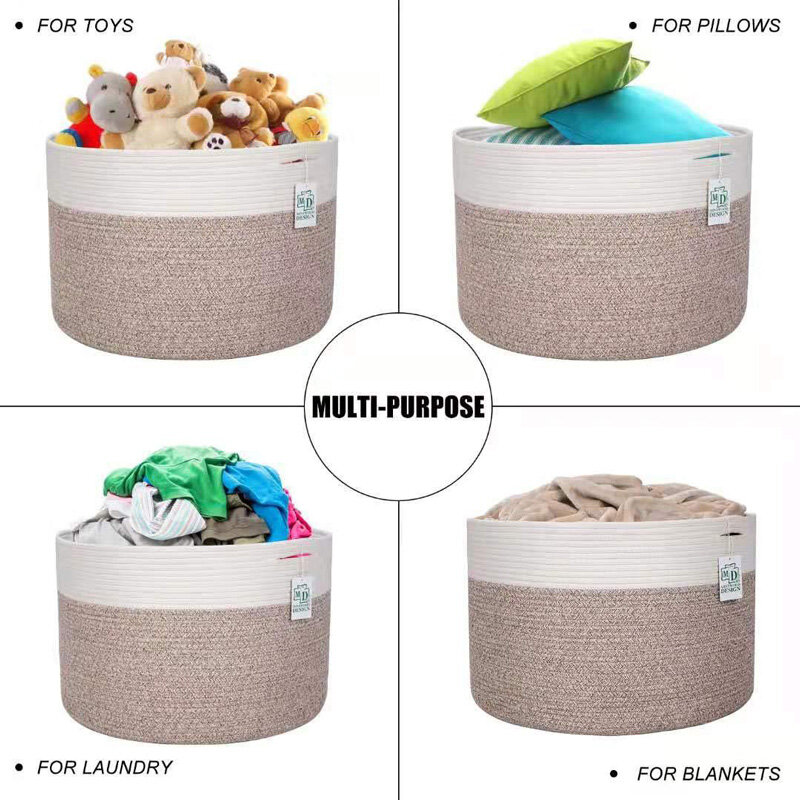 Rope Blanket Basket with Handles Laundry Storage Baskets Hampers Decorative for Home Organizing Nursery Room Clothes Toys TJ7296
