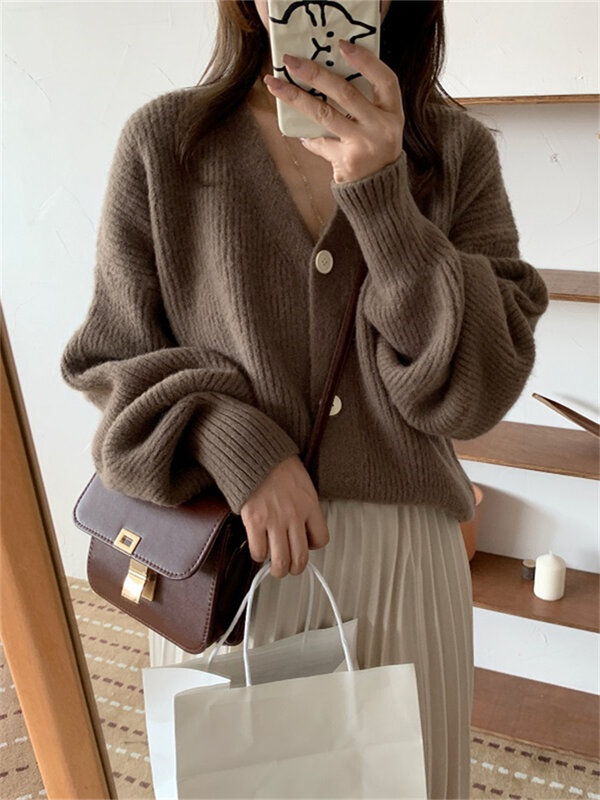 Suéter feminino elegante com decote em v, cardigã folgado com manga bufante, estilo single-breasted para outono e inverno