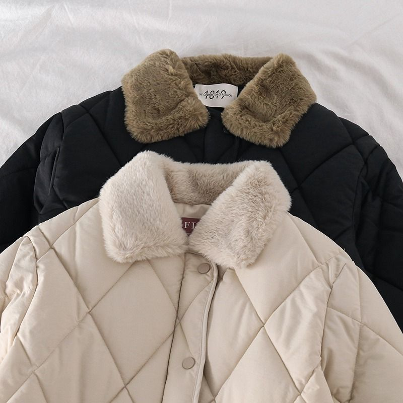Chaqueta de plumón para mujer, traje de pan con cuello de pelo de conejo, abrigo de algodón grueso informal cálido, ropa vintage, novedad de invierno