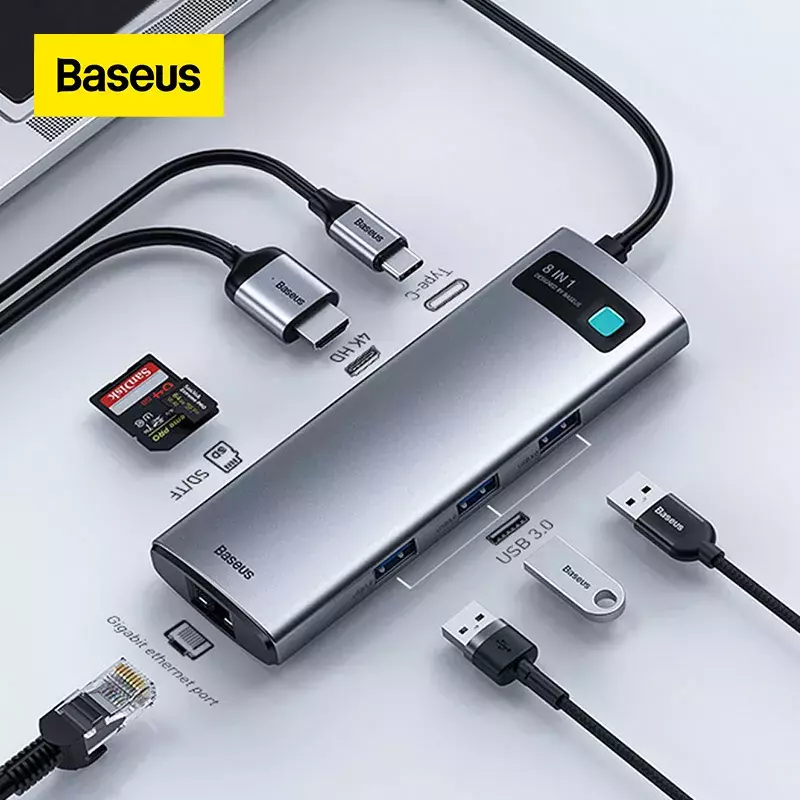 Baseus USB C HUB Tipe C Ke Adaptor USB 3.0 Yang Kompatibel dengan HDMI 8 In 1 Tipe C HUB Dock untuk MacBook Pro Air USB C Splitter