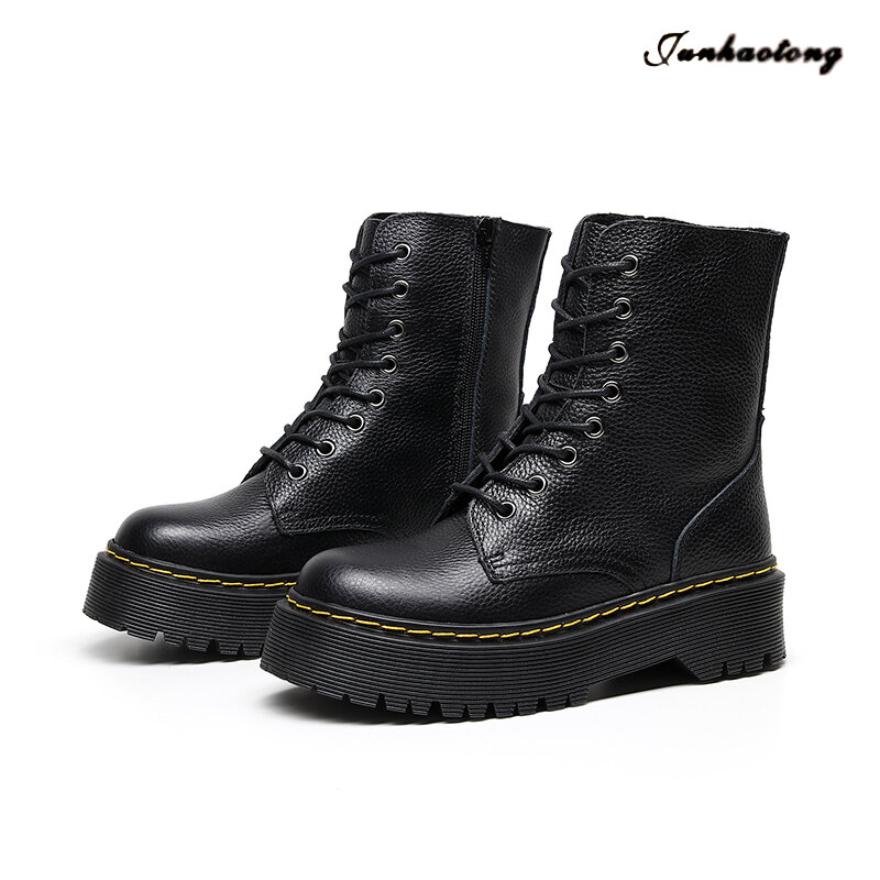 Platform Martin Boots Women Shoes 2022 New Black Leather Ankle Boots Women Punk Shoes Thick Bottom Motorcycle Boots De Mujer
