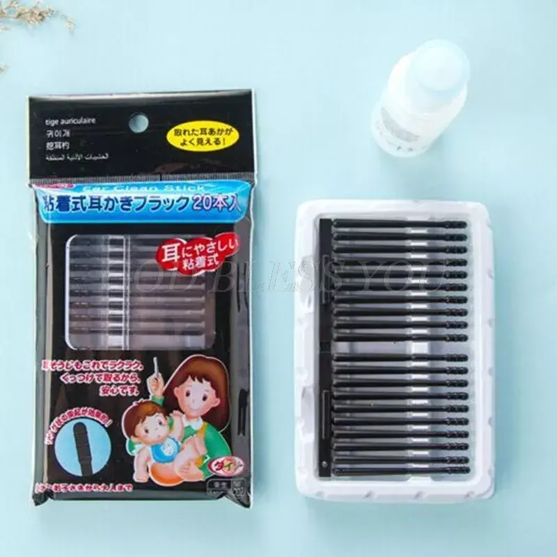 20Pcs/Pack Black Disposable Sticky Ear Swabs Pick Spiral Tips Wax Removal Remover Tool Kit Nasal Cleaner Stick Portable