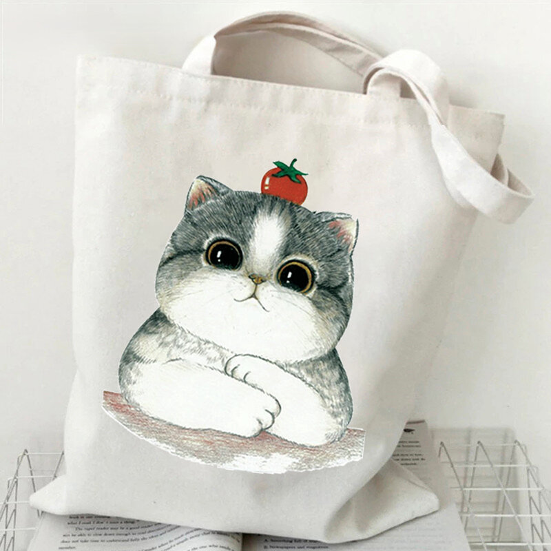 แม่แมวพิมพ์กระเป๋า Kawaii ผู้หญิง Canva กระเป๋าแฟชั่น Harajuku กระเป๋า Casual กระเป๋าถือน่ารัก Cat Tote กระเป๋าสำห...