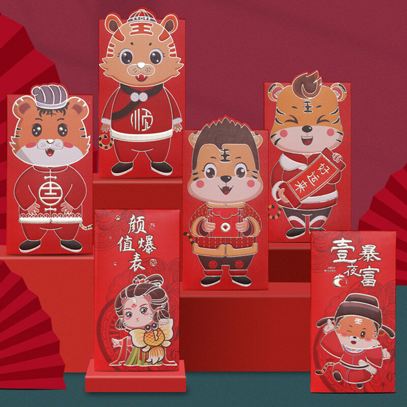 6 pçs/set para o presente do festival chinês da primavera em envelopes vermelhos presentes vermelho chinês melhor desejo de ano novo chinês pouco algo