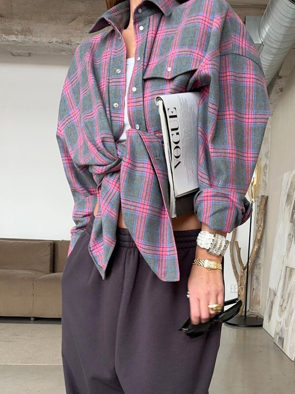 Camisa xadrez solta vintage feminina, lapela, manga comprida, blusas de senhora do escritório, tops, roupas femininas, moda, 2023