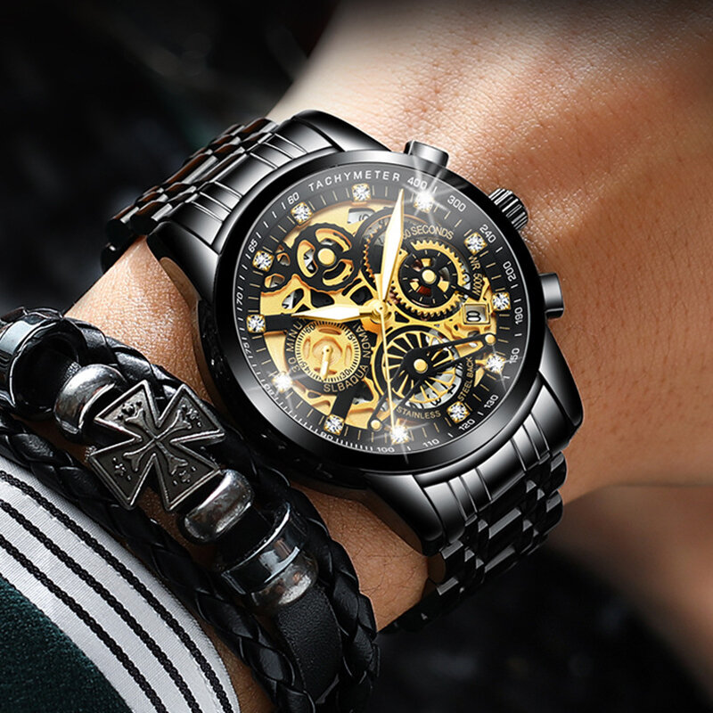 QINGXIYA 남성용 방수 야광 할로우 시계, 탑 브랜드 럭셔리 투르비옹 회전 창 패션 쿼츠 시계