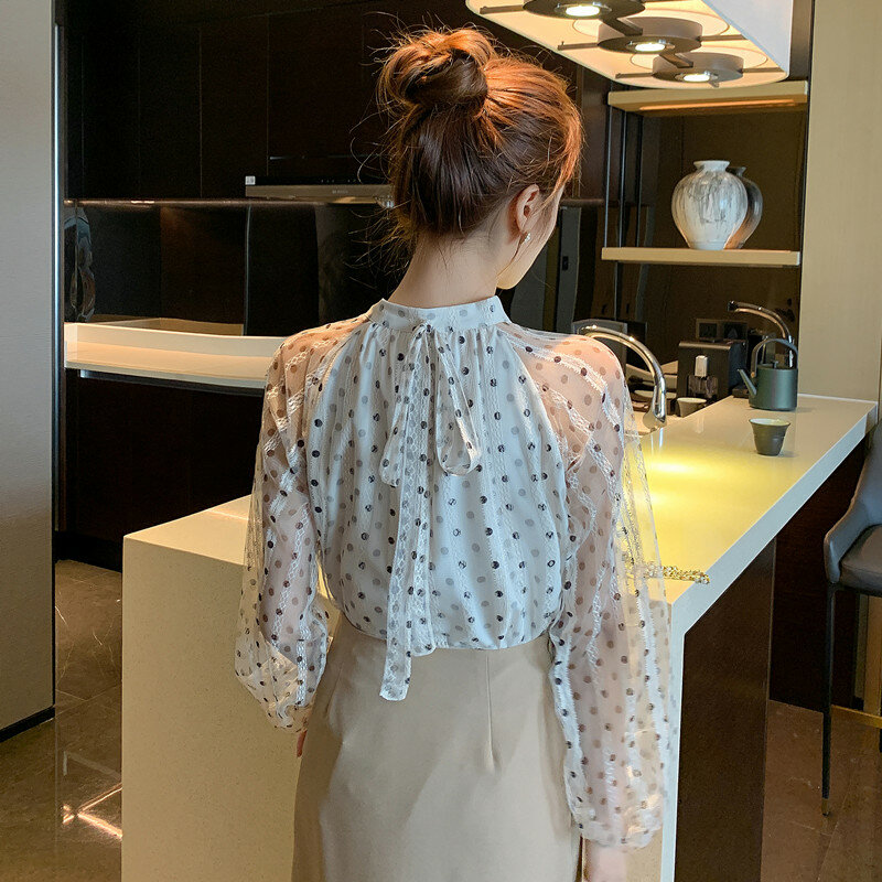 Wisher&Tong Women's Shirt Vintage Lace Top Long Sleeve Belt Korean Fashion Dot Blouses Chic Ladies Tops Female Spring 2022