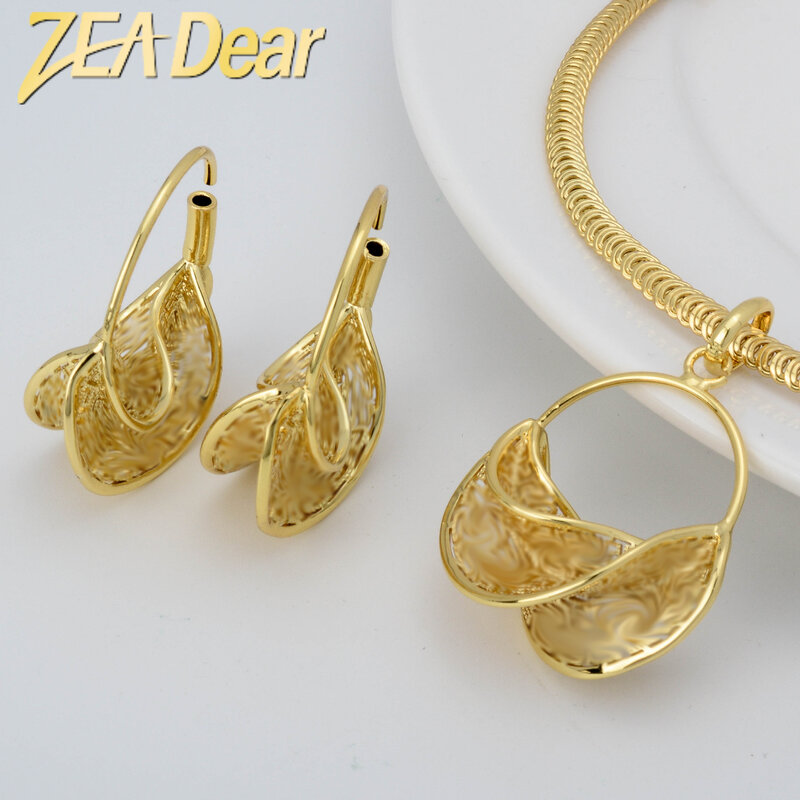 Zeadee Perhiasan Afrika Tembaga Kalung Anting Set Dubai Berlapis Emas Wanita Mode Pernyataan Emas Pesona Perhiasan Kualitas Tinggi
