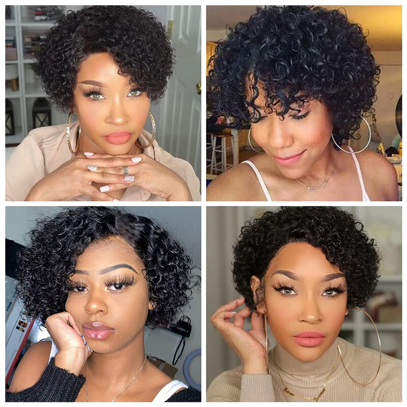 Human Hair Curly Wave Side Part Wig Short Bob Pixie Cut Brazilian Remy Human Hair Deep Curly None Lace Front Wig for Black Women