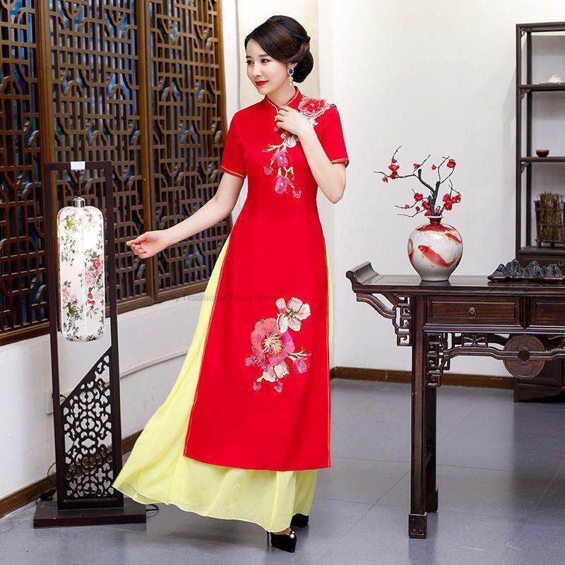 여성용 전통 꽃 자수 드레스, 오리엔탈 아오다이, 베트남 치파오, 치파오 민속 스타일, 아오다이 드레스