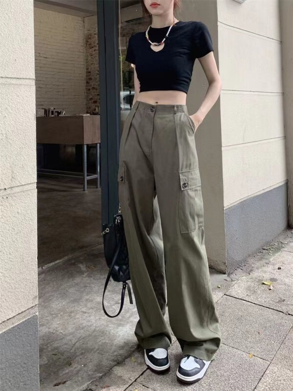 HOUZHOU Vintage 90s Streetwear Green Cargo Jeans Women Y2K Hippie Harajuku Oversize Wide Leg Trousers Female Baggy Denim Pants