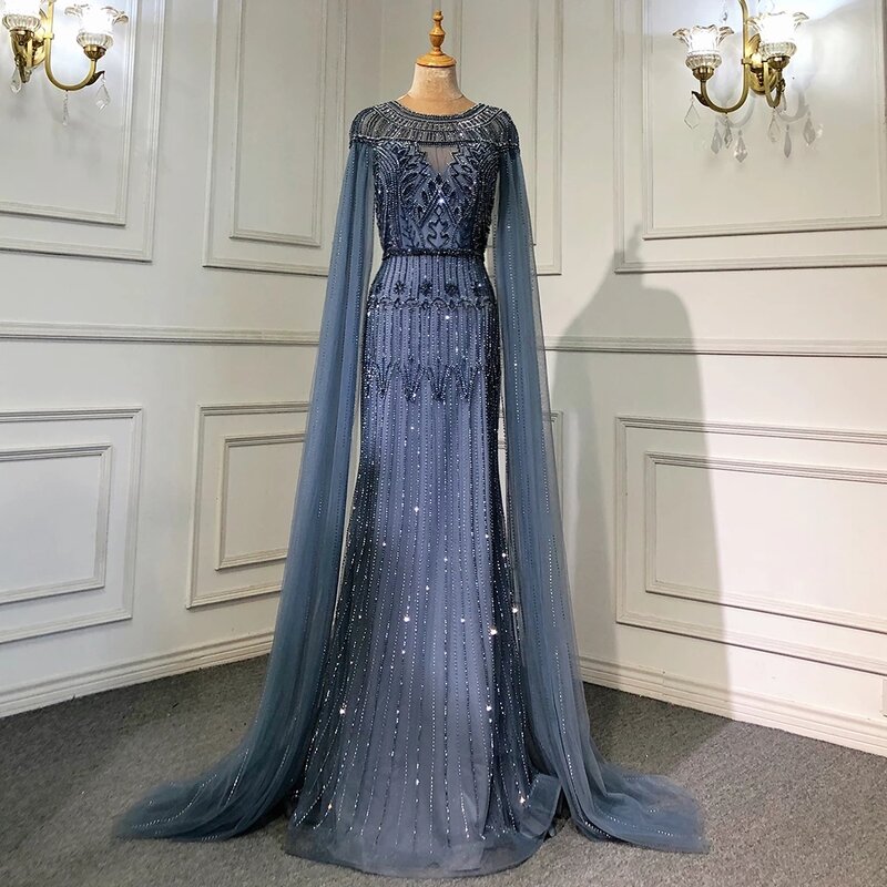Azul escuro muçulmano vestidos de noite luxo árabe manto manga prom vestidos 2023 frisado sereia formal festa moda 2022 robe de