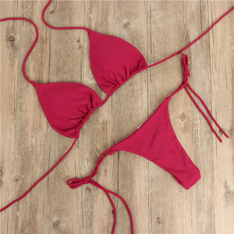 Maillot de Bain Sexy Deux Pièces de Couleur Unie pour Femme, Micro Bikini, String et Bandeau Brésilien, Ensemble Vêtements d'Été