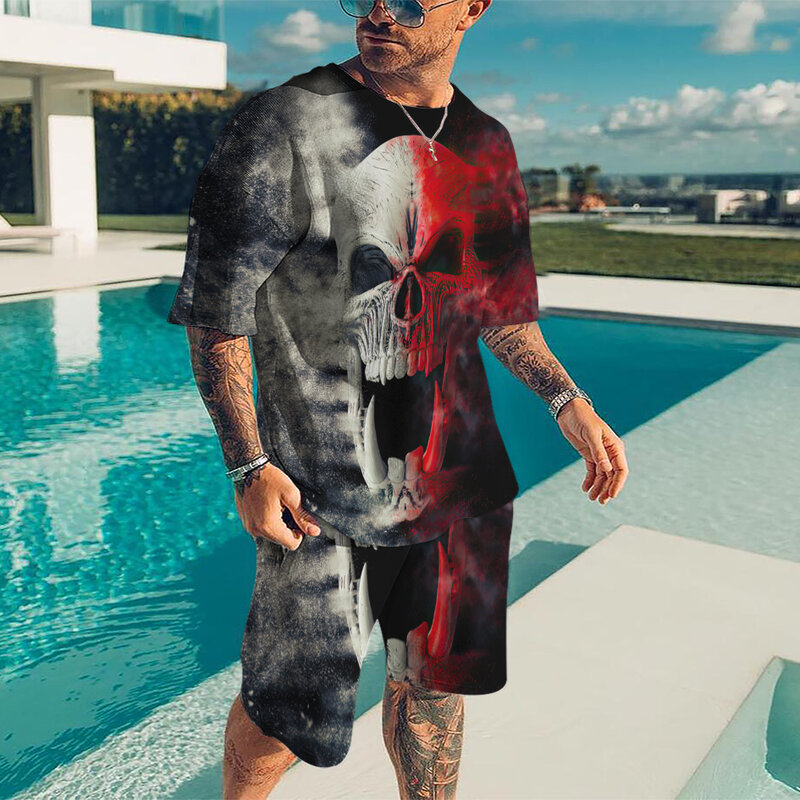 New O-neck T Shirt Set for Men 3D Skull Printed 2 Piece Casual Set 2022 Summer Oversized Set Sportswear Shorts Men's tracksuit