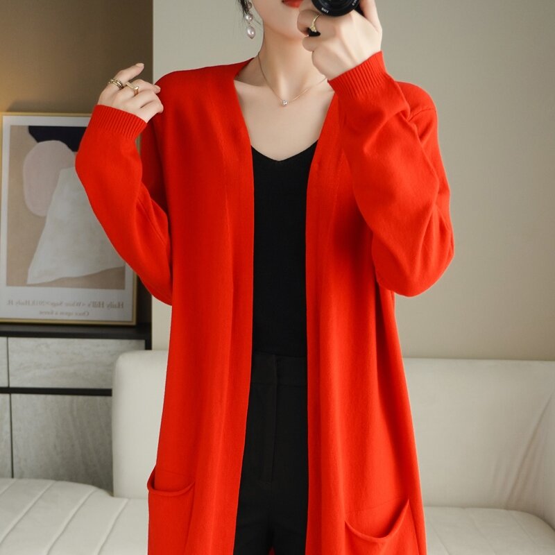 Женский весенне-осенний кардиган, универсальный вязаный свитер средней длины большого размера, Модная тонкая верхняя одежда, Свободное пал...
