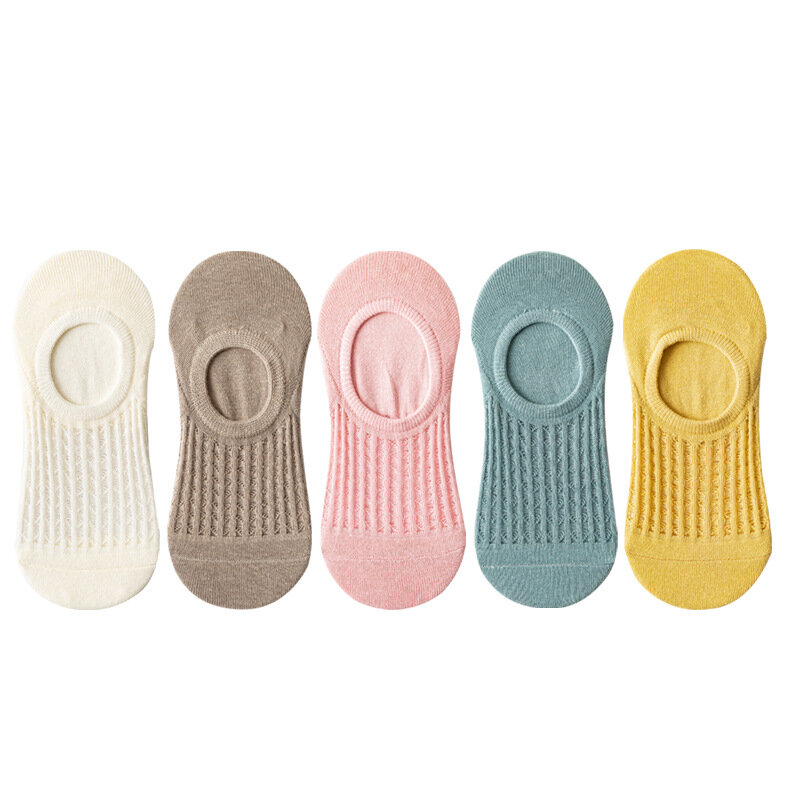 5Pairs/Set Women Invisible Socks Summer Solid Color Mesh Low Cut Boat Silicone Non-slip Sock Female Cotton No show Slipper Socks