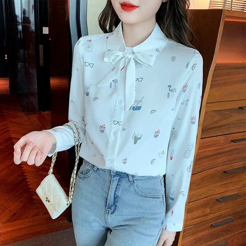 Primavera elegante feminino impresso camisa nova 2022 laço lapela pescoço manga longa projetado camisas mujer botão acima blusa senhoras topos
