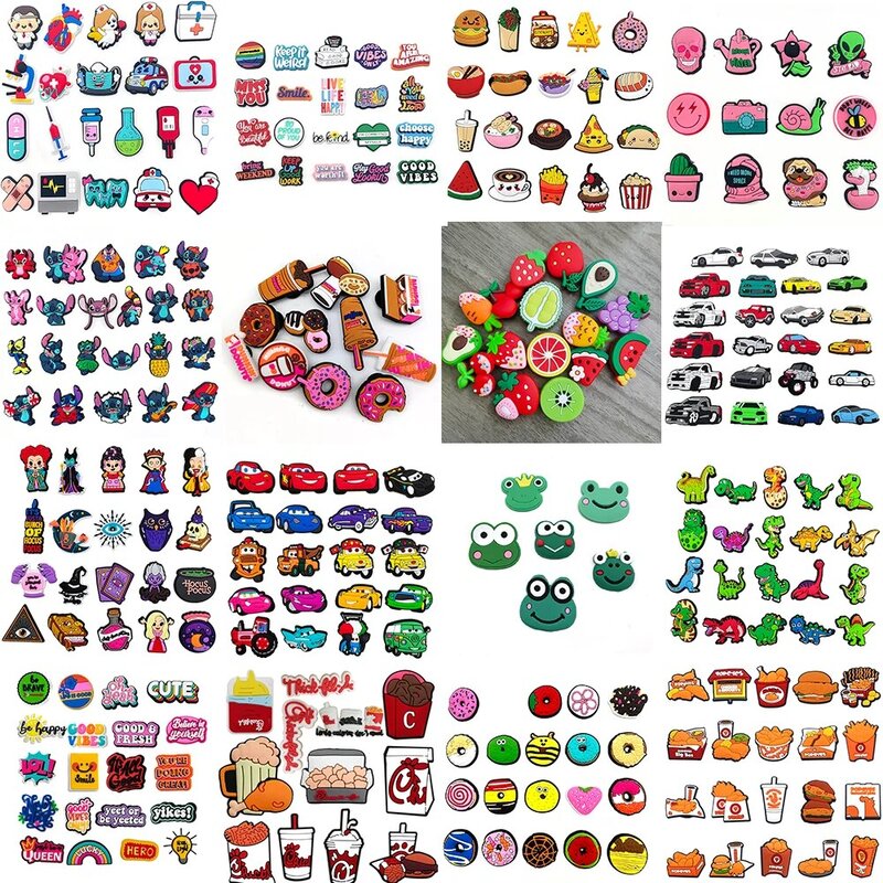 16 Set Food And Fruit Sandals Buckle Decoration PVC Disney Stitch Shoe Aceessories Cars Croc Charms Clogs Kids Party Gifts Jibz
