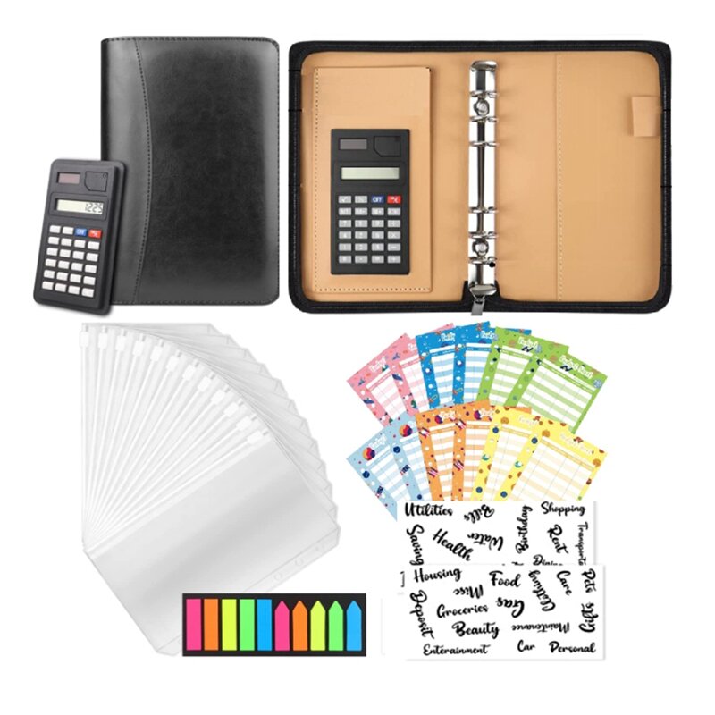 Carpeta de presupuesto con sobres con cremallera, sobres de efectivo para presupuesto, planificador de presupuesto de cuero PU A6 con calculadora