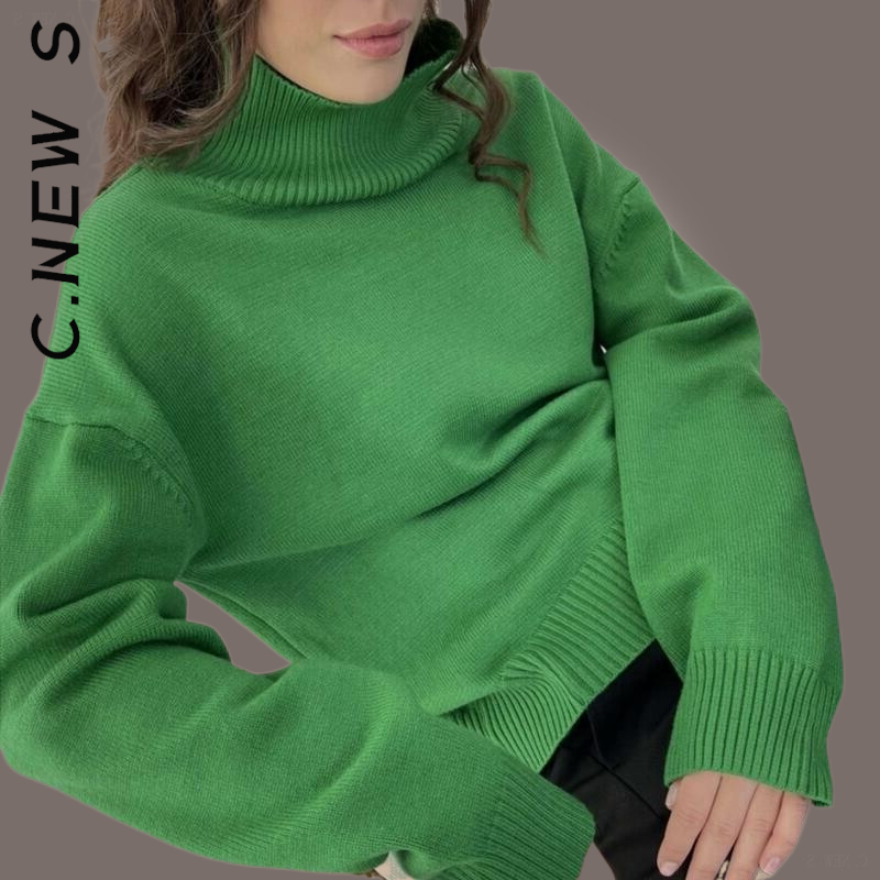 C. novo s camisola feminina de malha gola alta moda chique doce feminino jumper 2022 básico popular suéteres malhas macias feminino