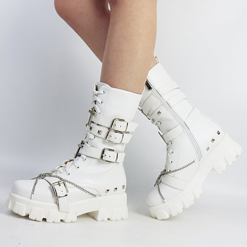 Botas plataforma style femininas para cos, sapatos de cano médio, moda de rua, estilo vampiro, para outono e inverno, novo, cool