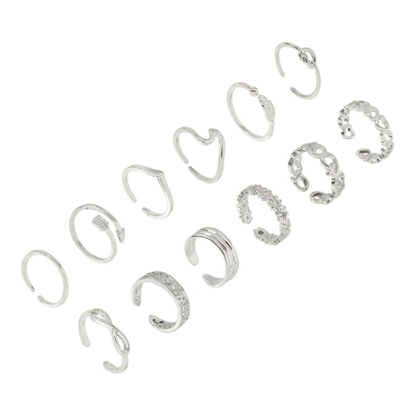 12Pcs Adjustable Toe Rings for Women Summer Beach Foot Jewelry Charming Round Open Finger Rings Flower Leaf Heart Designs