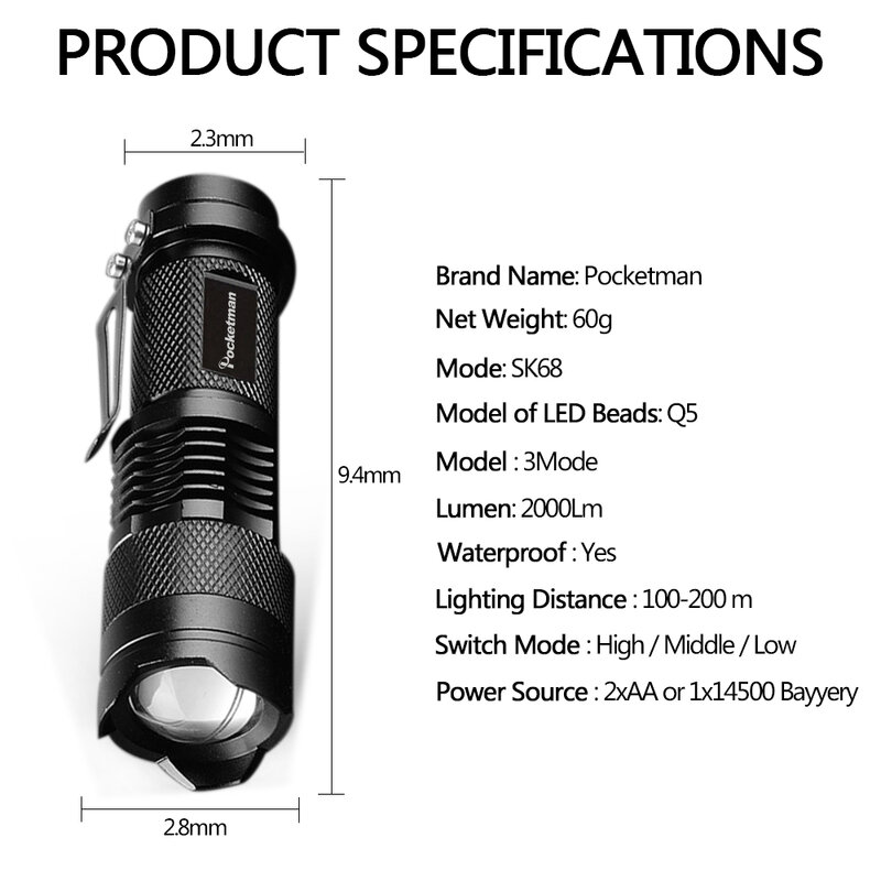 슈퍼 밝은 휴대용 미니 Q5 LED 손전등, 전술 램프, LED 토치, 낚시, 조절 가능한 초점, 줌 기능, 캠핑, 야외 랜턴