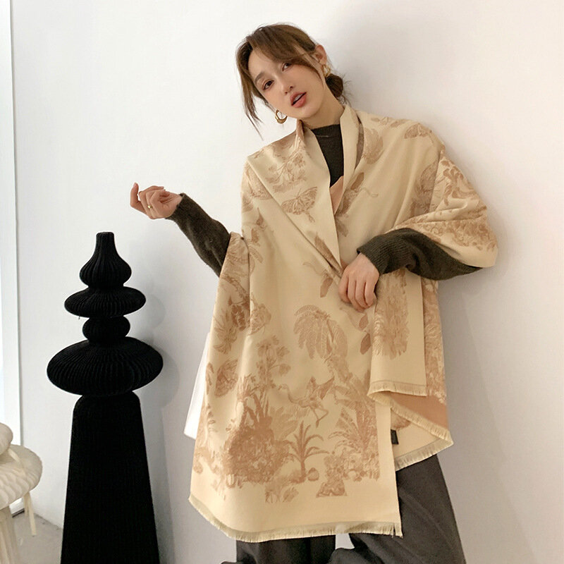 Bufanda de cachemir de diseño de lujo para mujer, manta de Pashmina cálida, Bufanda de flores y plantas, chal grueso para invierno