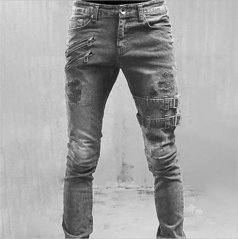 Jeans da uomo di marca di moda pantaloni da uomo Jeans Slim lettera Moto & Biker Jeans pantaloni Jeans con foro nero per uomo