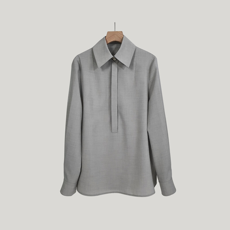 2023 Spring Shirt Women Pure Cotton Blouse Half-open Collar OL Commuter Lapel Simple All-match Loose Gray Breathable Light Tops