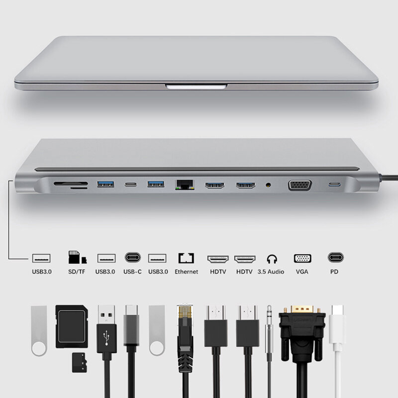 12 In 1 Type-C อะแดปเตอร์ HUB USB 3.1เพื่อ Dual HDMI 4K RJ45 VGA USB Docking Station พร้อมแจ็ค3.5มม.